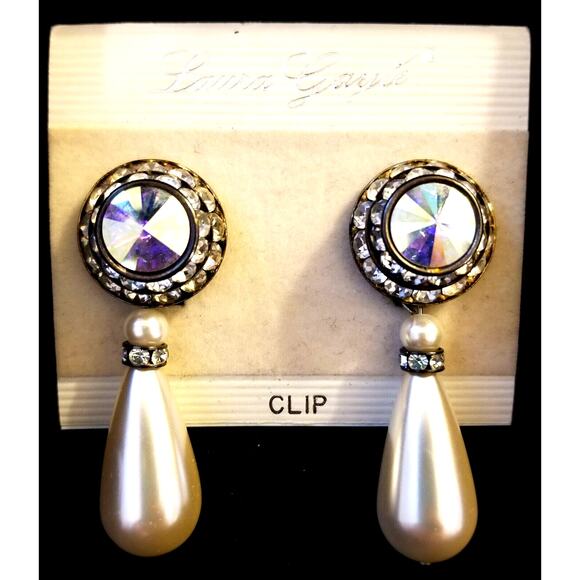 Laura Gayle Jewelry - Vintage Laura Gayle Rhinestone & Faux Pearl Teardrop Silvertone Clip-on Earrings